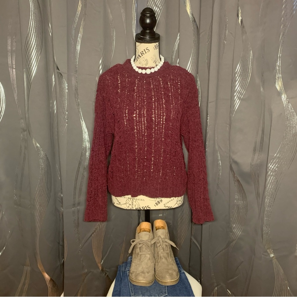 American Eagle Chenille Crew Neck Cable Sweater Size S Merlot Bordeaux Purple